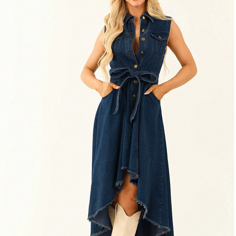 ⏰🔥LIMITED TIME 50% OFF! 💎 Sleeveless Denim Dress – High-Low Hem, Adjustable Waist & Premium Cotton for Effortless Summer Style 👗☀️