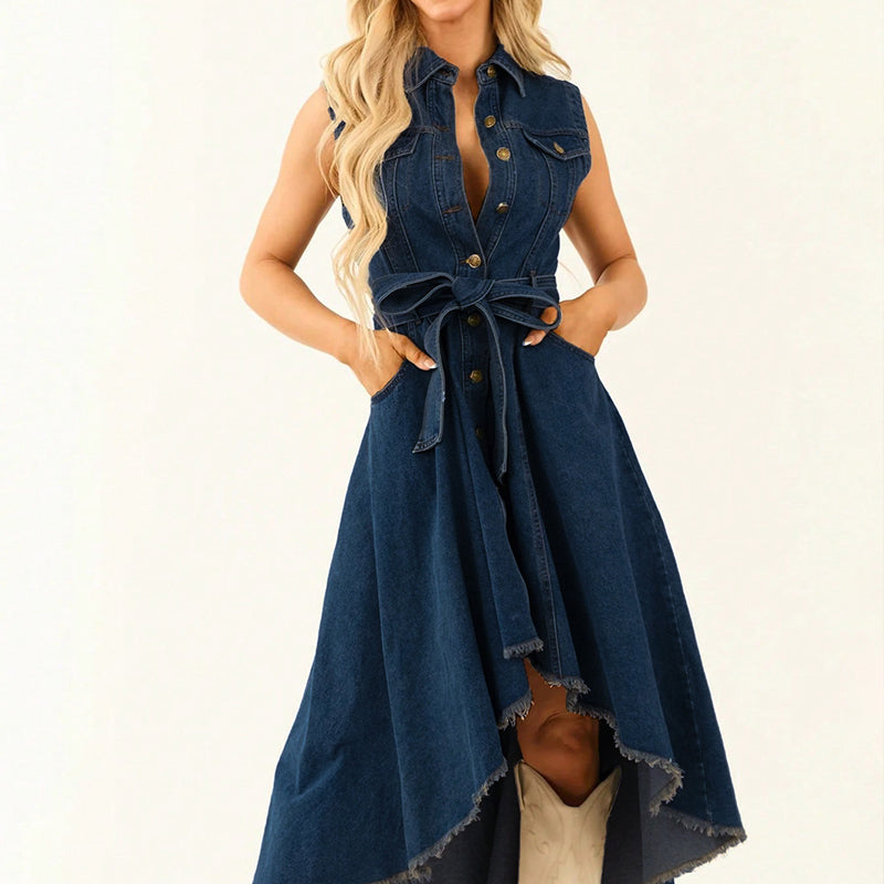 ⏰🔥LIMITED TIME 50% OFF! 💎 Sleeveless Denim Dress – High-Low Hem, Adjustable Waist & Premium Cotton for Effortless Summer Style 👗☀️