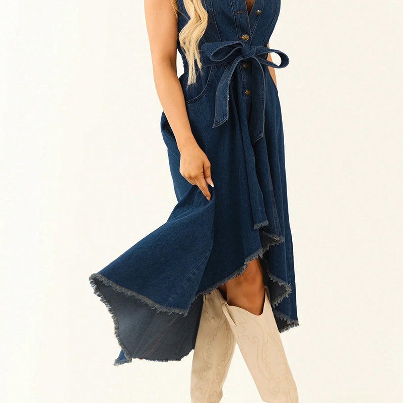 ⏰🔥LIMITED TIME 50% OFF! 💎 Sleeveless Denim Dress – High-Low Hem, Adjustable Waist & Premium Cotton for Effortless Summer Style 👗☀️
