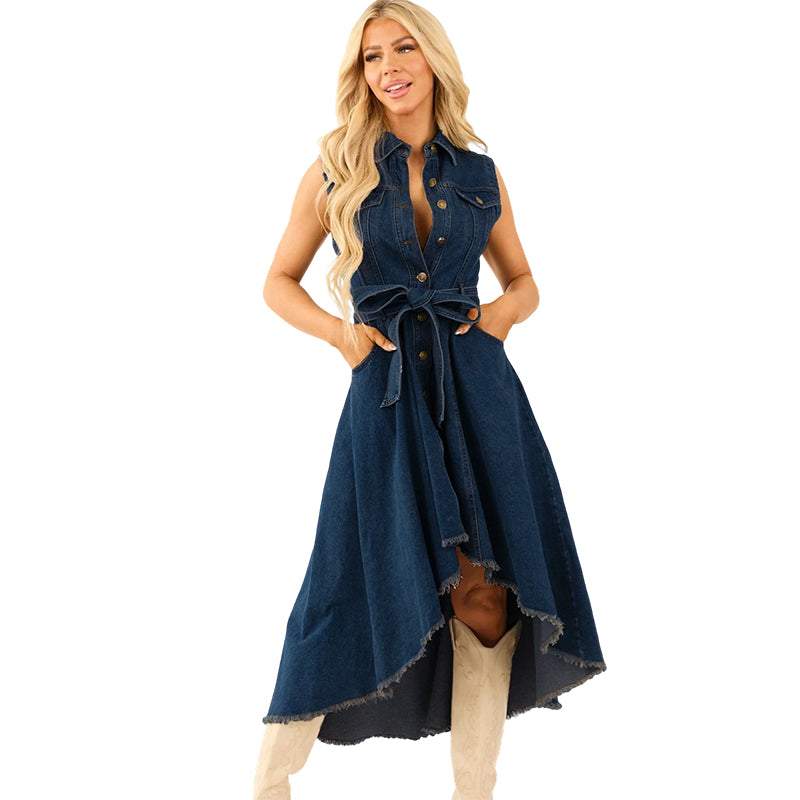 ⏰🔥LIMITED TIME 50% OFF! 💎 Sleeveless Denim Dress – High-Low Hem, Adjustable Waist & Premium Cotton for Effortless Summer Style 👗☀️
