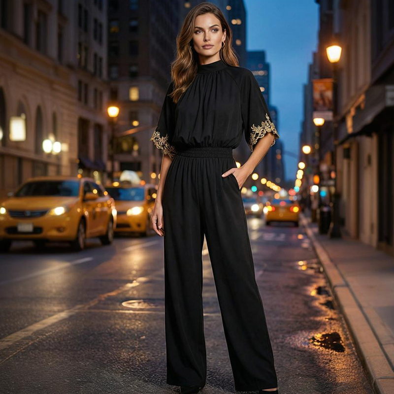 🔥Hot Deals-Women's Elegant Mock-Neck Half-Sleeve Jumpsuit