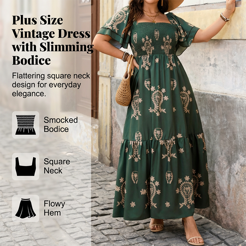 🌸Limited-time offer-Women's Square Neck Smocked Flowy Dress💗 Exuding Effortless Elegance✨