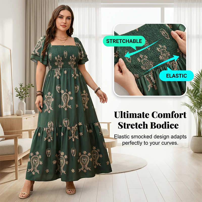 🌸Limited-time offer-Women's Square Neck Smocked Flowy Dress💗 Exuding Effortless Elegance✨