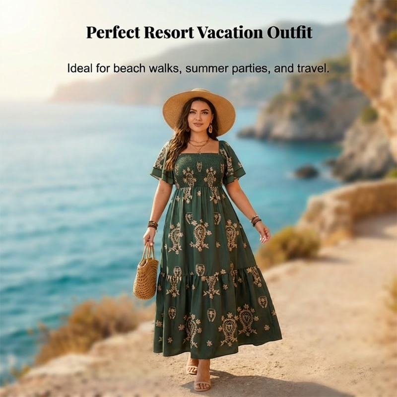 🌸Limited-time offer-Women's Square Neck Smocked Flowy Dress💗 Exuding Effortless Elegance✨