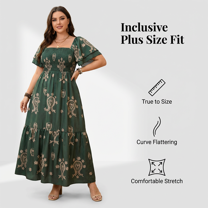 🌸Limited-time offer-Women's Square Neck Smocked Flowy Dress💗 Exuding Effortless Elegance✨