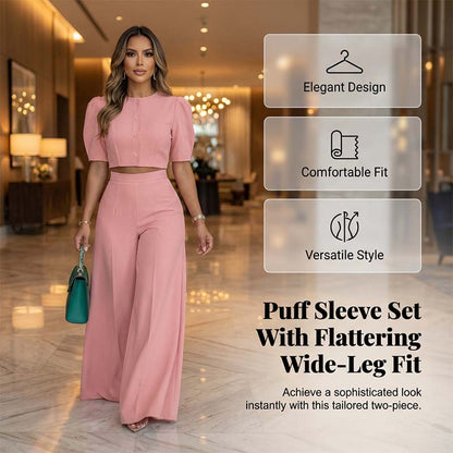 Elegant Puff Sleeve Crop Top & Wide-Leg Pants Set