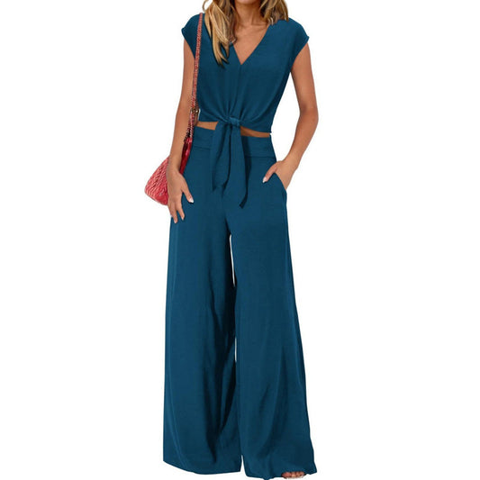 📢📢40% OFF !! ⏰ Women's V-Neck Tie-Front Top & Wide-Leg Pants Set – Breathable Linen, Flattering Fit & Versatile Style ✨