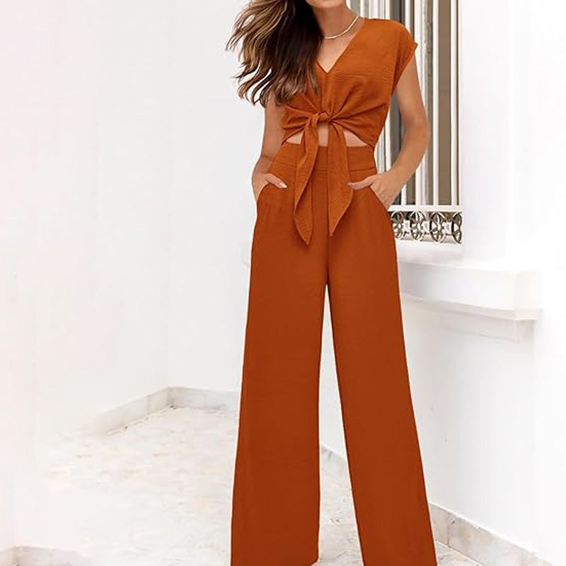 📢📢40% OFF !! ⏰ Women's V-Neck Tie-Front Top & Wide-Leg Pants Set – Breathable Linen, Flattering Fit & Versatile Style ✨