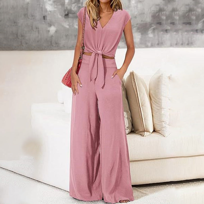 📢📢40% OFF !! ⏰ Women's V-Neck Tie-Front Top & Wide-Leg Pants Set – Breathable Linen, Flattering Fit & Versatile Style ✨