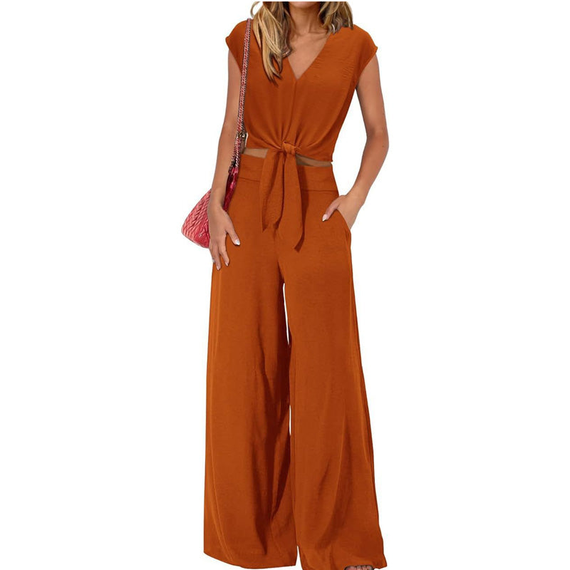 📢📢40% OFF !! ⏰ Women's V-Neck Tie-Front Top & Wide-Leg Pants Set – Breathable Linen, Flattering Fit & Versatile Style ✨