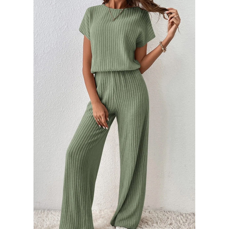👚 50% OFF NOW! 🌿 Women's Ribbed Knit Top & Wide-Leg Pants Set – Relaxed Drop-Shoulder, Soft Stretch Fabric & Versatile Two-Piece ✨