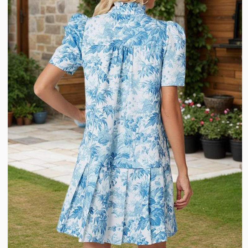 🔥Hot Sale Offers-Toile Print Ruffled Neck Pleated Dress