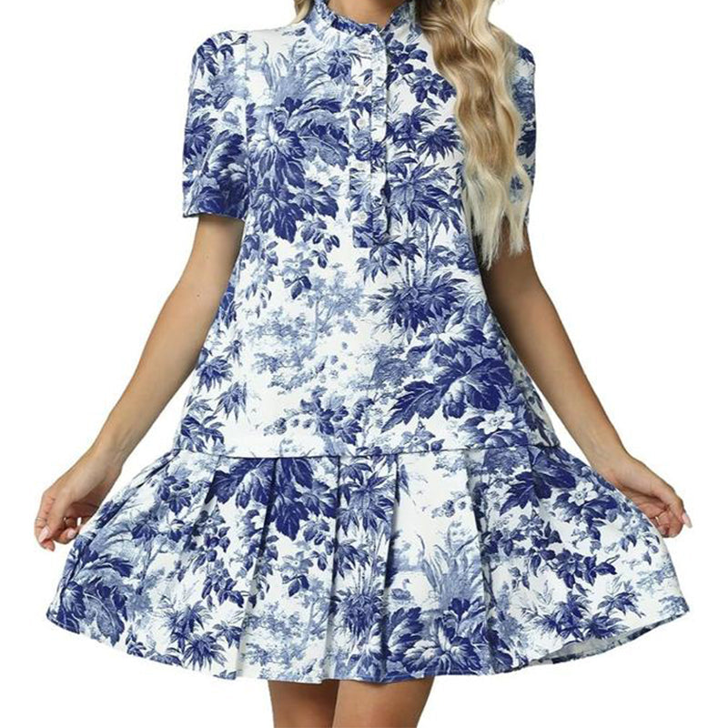 🔥Hot Sale Offers-Toile Print Ruffled Neck Pleated Dress