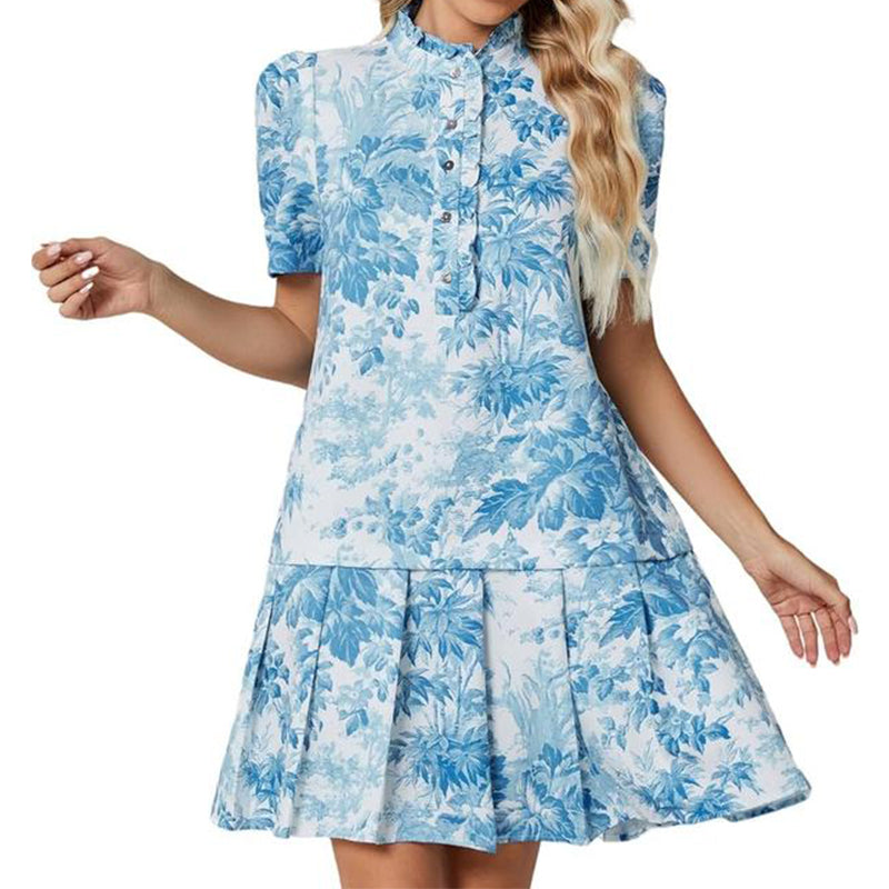🔥Hot Sale Offers-Toile Print Ruffled Neck Pleated Dress