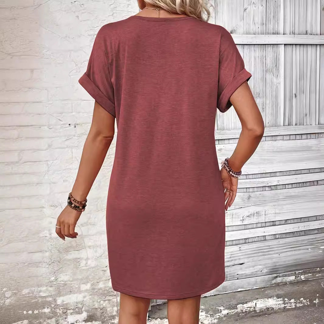 👗 50% OFF NOW! 💫 Women's Fashion V-Neck Button Dress – Timeless Solid Colors, Soft Fabric & Rolled Sleeves 🌸