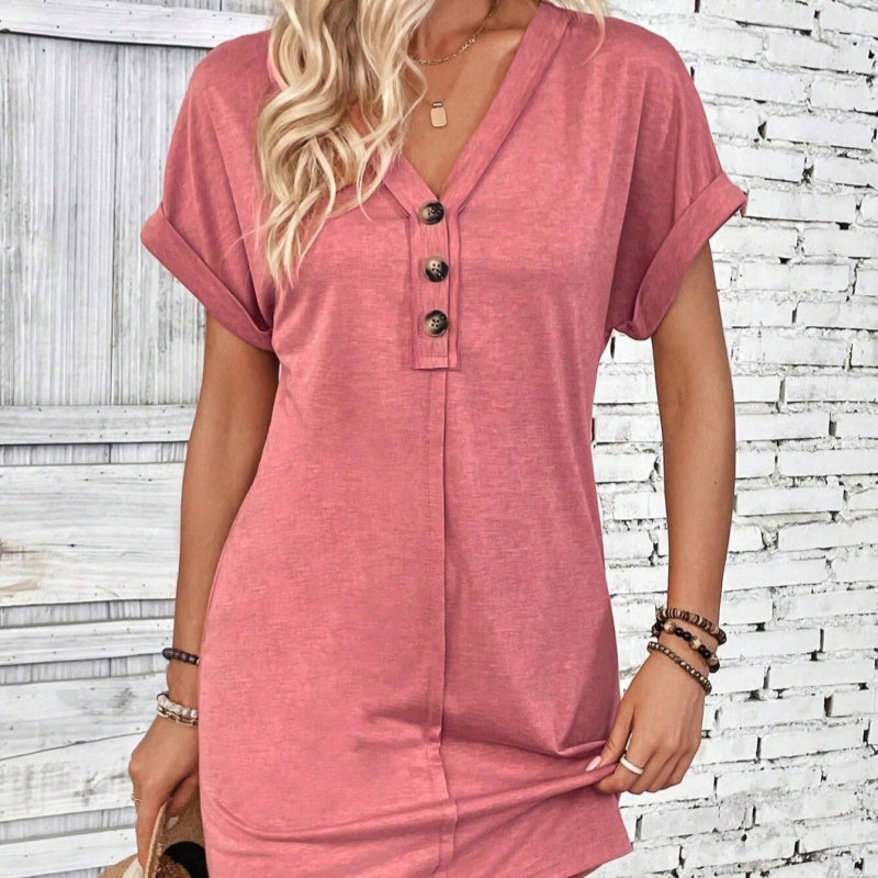👗 50% OFF NOW! 💫 Women's Fashion V-Neck Button Dress – Timeless Solid Colors, Soft Fabric & Rolled Sleeves 🌸