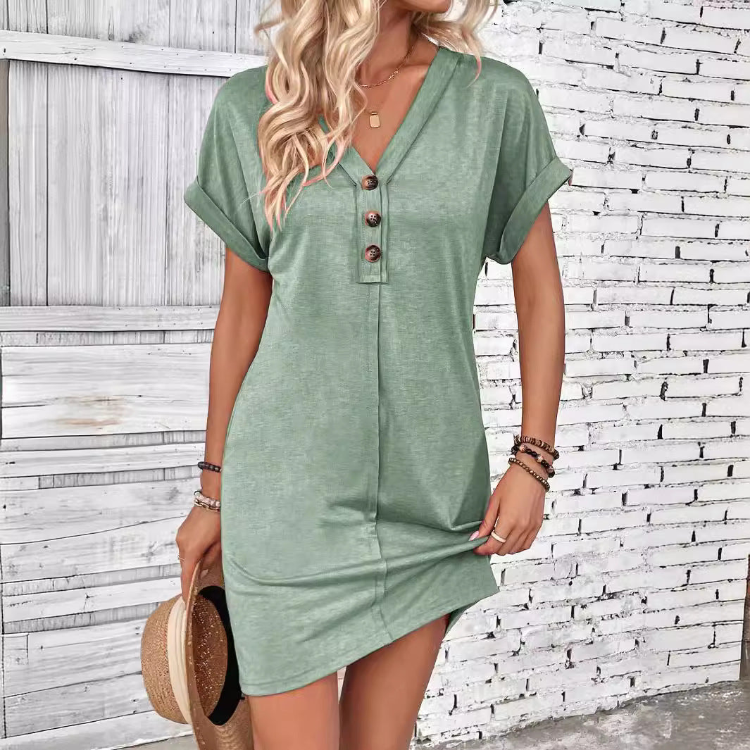 👗 50% OFF NOW! 💫 Women's Fashion V-Neck Button Dress – Timeless Solid Colors, Soft Fabric & Rolled Sleeves 🌸