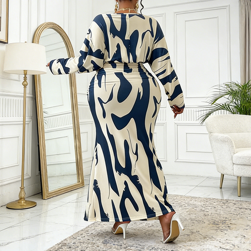 Abstract Print Ruched Mermaid Maxi Dress