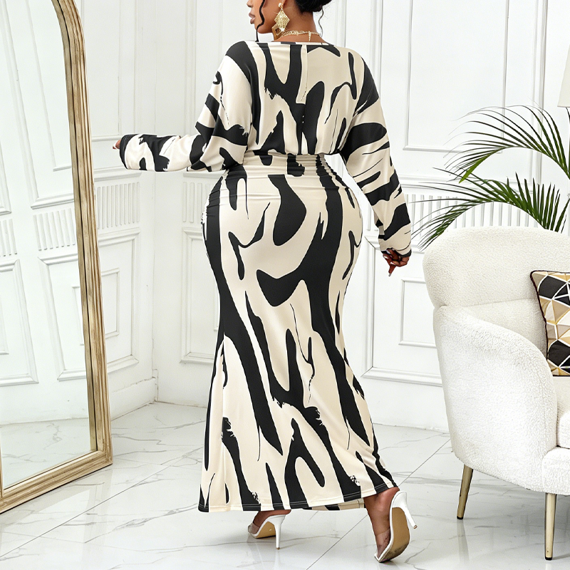 Abstract Print Ruched Mermaid Maxi Dress