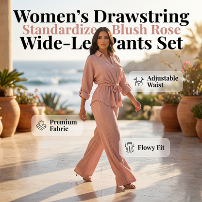 🎀 50% OFF NOW! 👖 Women's Drawstring Shirt & Wide-Leg Pants Set – Adjustable Waist, Flowy Trousers & Textured Fabric 🌿