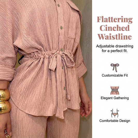 🎀 50% OFF NOW! 👖 Women's Drawstring Shirt & Wide-Leg Pants Set – Adjustable Waist, Flowy Trousers & Textured Fabric 🌿