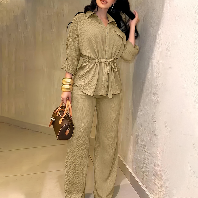 🎀 50% OFF NOW! 👖 Women's Drawstring Shirt & Wide-Leg Pants Set – Adjustable Waist, Flowy Trousers & Textured Fabric 🌿