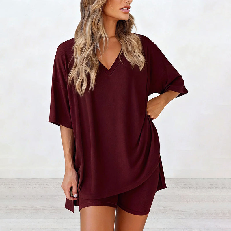 🛋️ LIMITED-TIME 50% OFF! 👕 Women's Lounge V-Neck Top & Shorts Set – Oversized, Drapey, Two-Piece 🍂