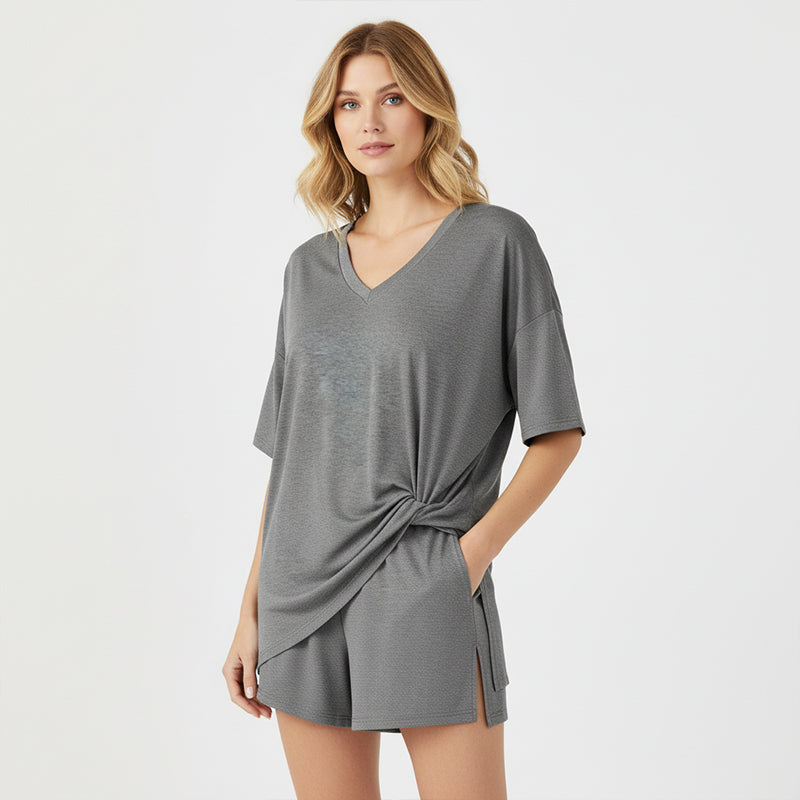 🛋️ LIMITED-TIME 50% OFF! 👕 Women's Lounge V-Neck Top & Shorts Set – Oversized, Drapey, Two-Piece 🍂