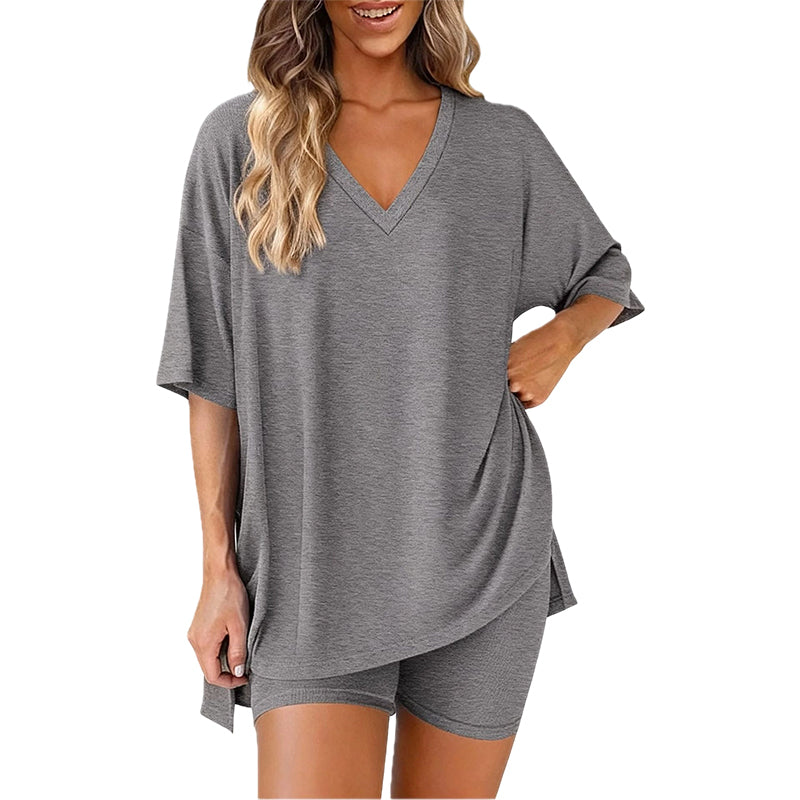 🛋️ LIMITED-TIME 50% OFF! 👕 Women's Lounge V-Neck Top & Shorts Set – Oversized, Drapey, Two-Piece 🍂