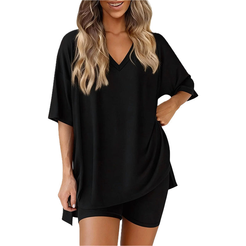 🛋️ LIMITED-TIME 50% OFF! 👕 Women's Lounge V-Neck Top & Shorts Set – Oversized, Drapey, Two-Piece 🍂