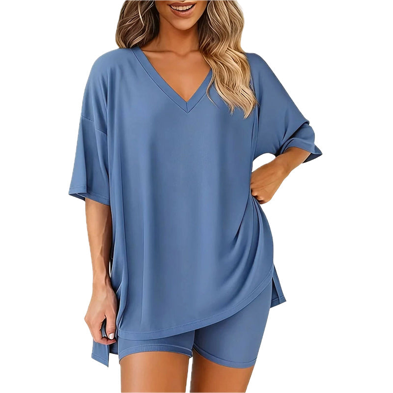 🛋️ LIMITED-TIME 50% OFF! 👕 Women's Lounge V-Neck Top & Shorts Set – Oversized, Drapey, Two-Piece 🍂