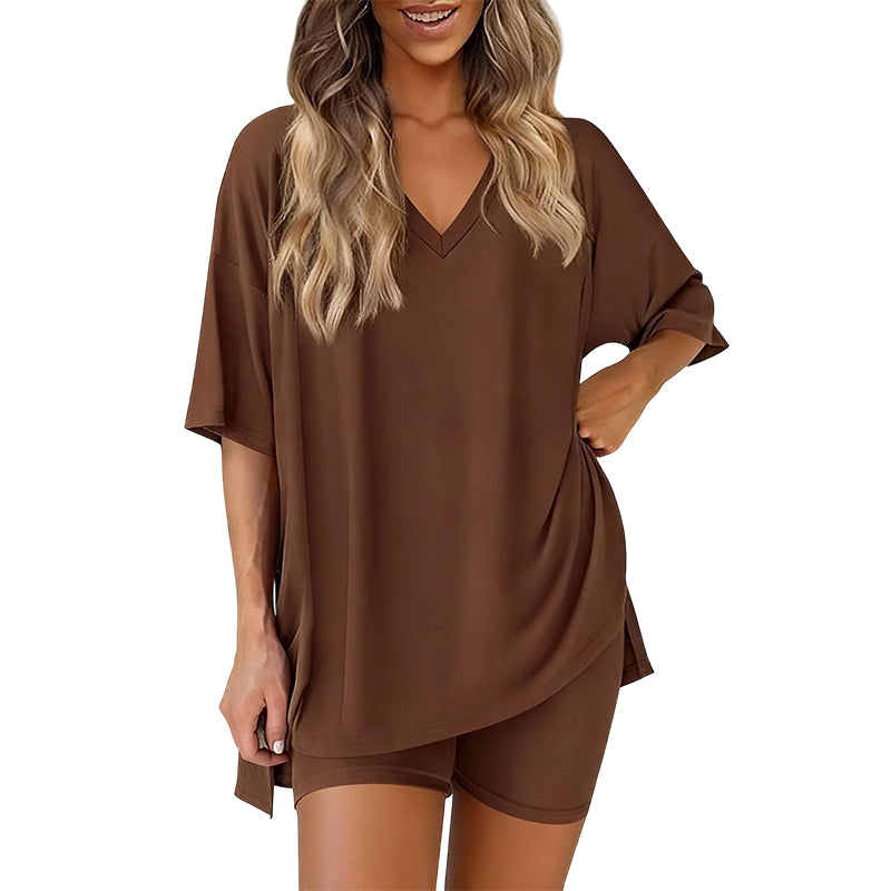 🛋️ LIMITED-TIME 50% OFF! 👕 Women's Lounge V-Neck Top & Shorts Set – Oversized, Drapey, Two-Piece 🍂