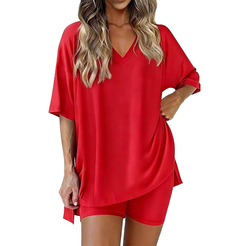 🛋️ LIMITED-TIME 50% OFF! 👕 Women's Lounge V-Neck Top & Shorts Set – Oversized, Drapey, Two-Piece 🍂