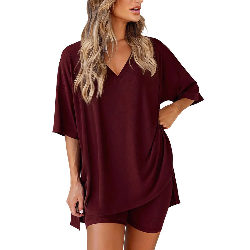 🛋️ LIMITED-TIME 50% OFF! 👕 Women's Lounge V-Neck Top & Shorts Set – Oversized, Drapey, Two-Piece 🍂
