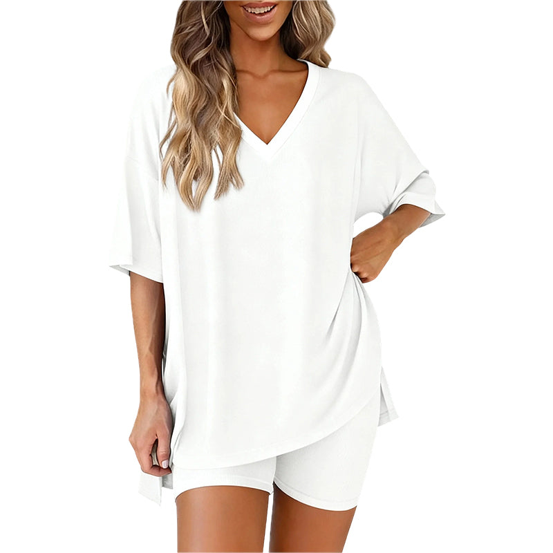 🛋️ LIMITED-TIME 50% OFF! 👕 Women's Lounge V-Neck Top & Shorts Set – Oversized, Drapey, Two-Piece 🍂