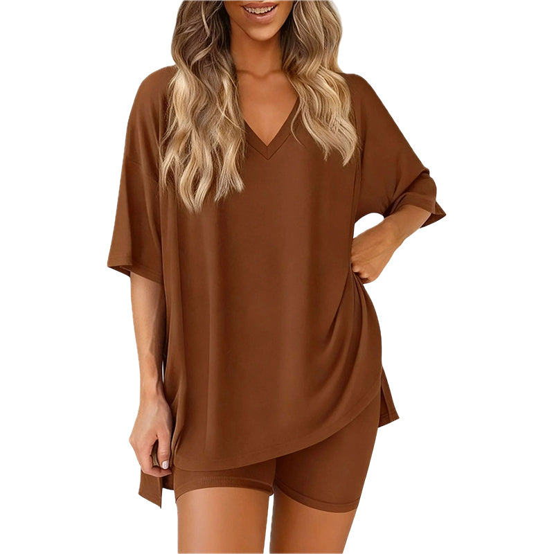 🛋️ LIMITED-TIME 50% OFF! 👕 Women's Lounge V-Neck Top & Shorts Set – Oversized, Drapey, Two-Piece 🍂