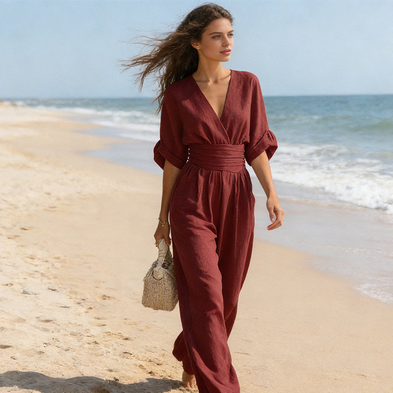 👗 49% OFF NOW! ✨ Elegant V-Neck Wide-Leg Jumpsuit – Flattering Waist Sash, Soft Breathable Fabric & Relaxed Fit 🦋