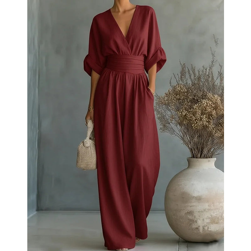 👗 49% OFF NOW! ✨ Elegant V-Neck Wide-Leg Jumpsuit – Flattering Waist Sash, Soft Breathable Fabric & Relaxed Fit 🦋
