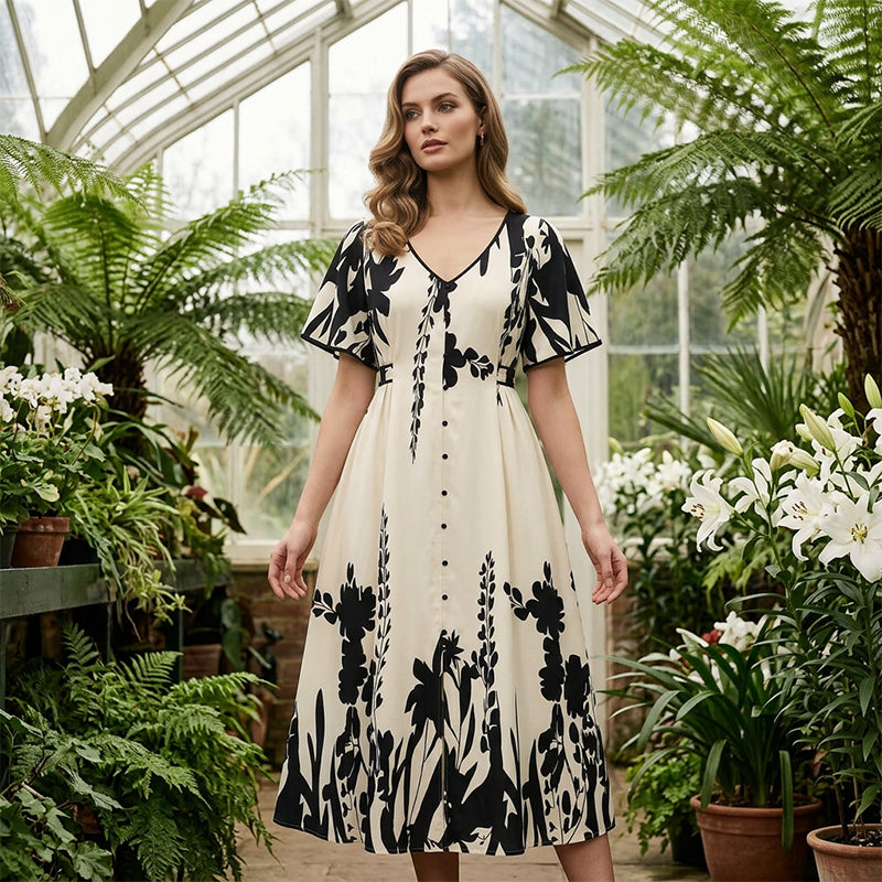 👗50% OFF NOW!🌸Women's Botanical Print Midi Dress – V-Neck, A-Line & Flutter Sleeves🌿