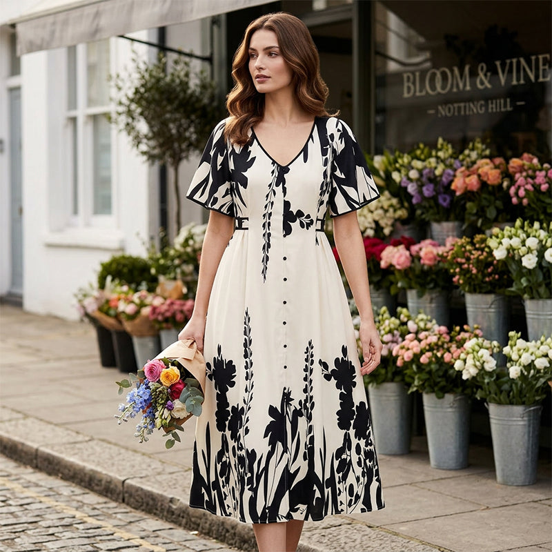 👗50% OFF NOW!🌸Women's Botanical Print Midi Dress – V-Neck, A-Line & Flutter Sleeves🌿