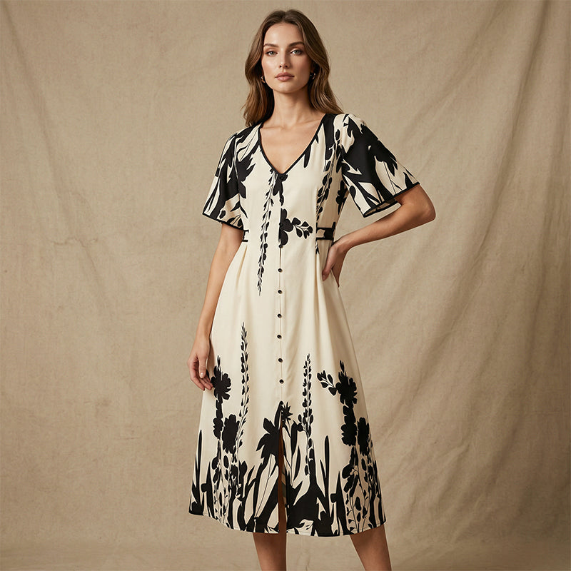 👗50% OFF NOW!🌸Women's Botanical Print Midi Dress – V-Neck, A-Line & Flutter Sleeves🌿