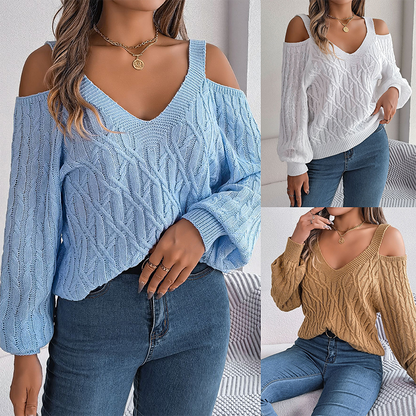 Women's Cold Shoulder V-Neck Cable Knit Sweater