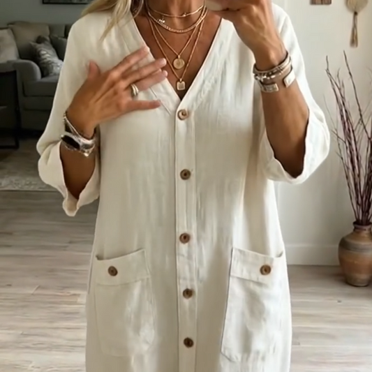 👗 LIMITED-TIME 50% OFF! 💃 Women's Casual V-Neck Midi Dress – Button-Down, Pockets, Relaxed Fit 🍃