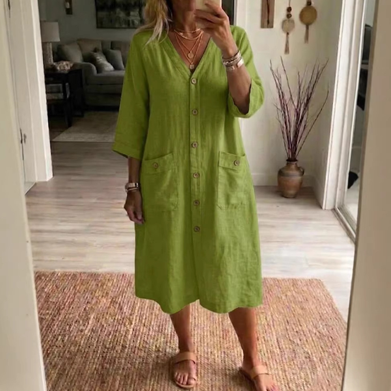 👗 LIMITED-TIME 50% OFF! 💃 Women's Casual V-Neck Midi Dress – Button-Down, Pockets, Relaxed Fit 🍃