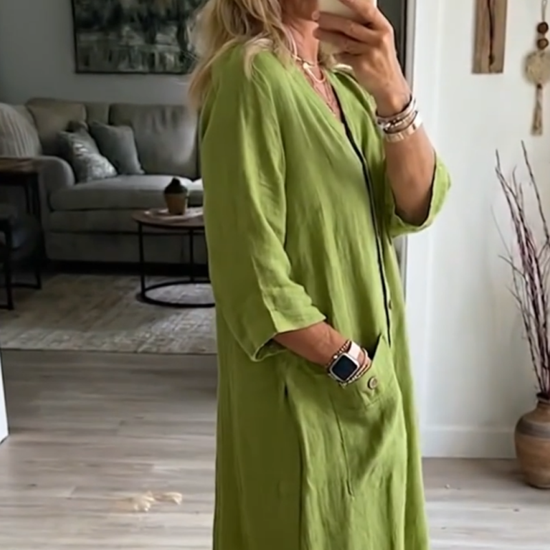 👗 LIMITED-TIME 50% OFF! 💃 Women's Casual V-Neck Midi Dress – Button-Down, Pockets, Relaxed Fit 🍃