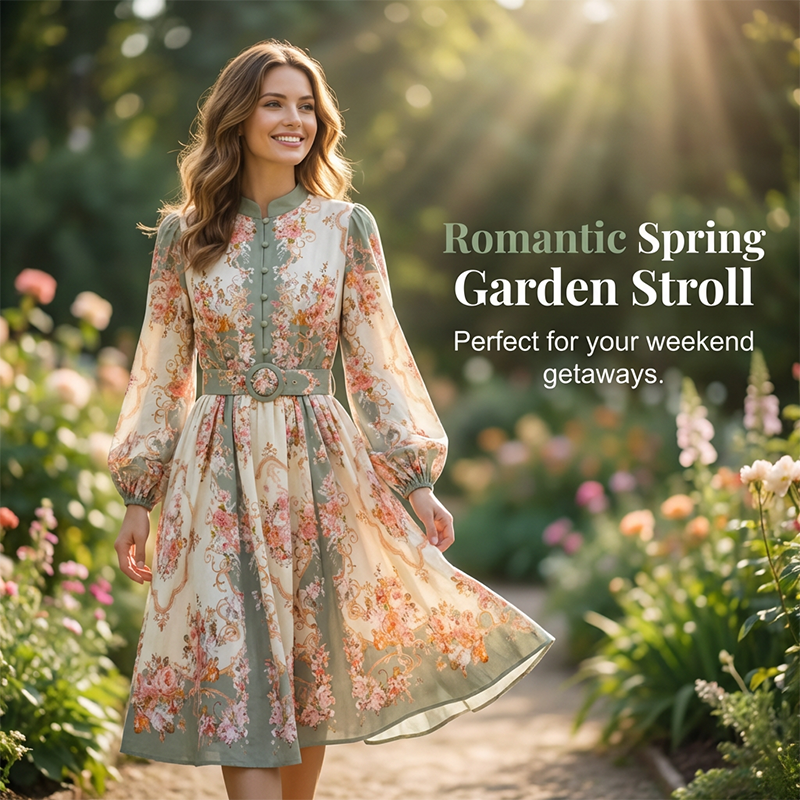 🔥Hot Deals-Romantic Floral Print High Neck Mini Dress