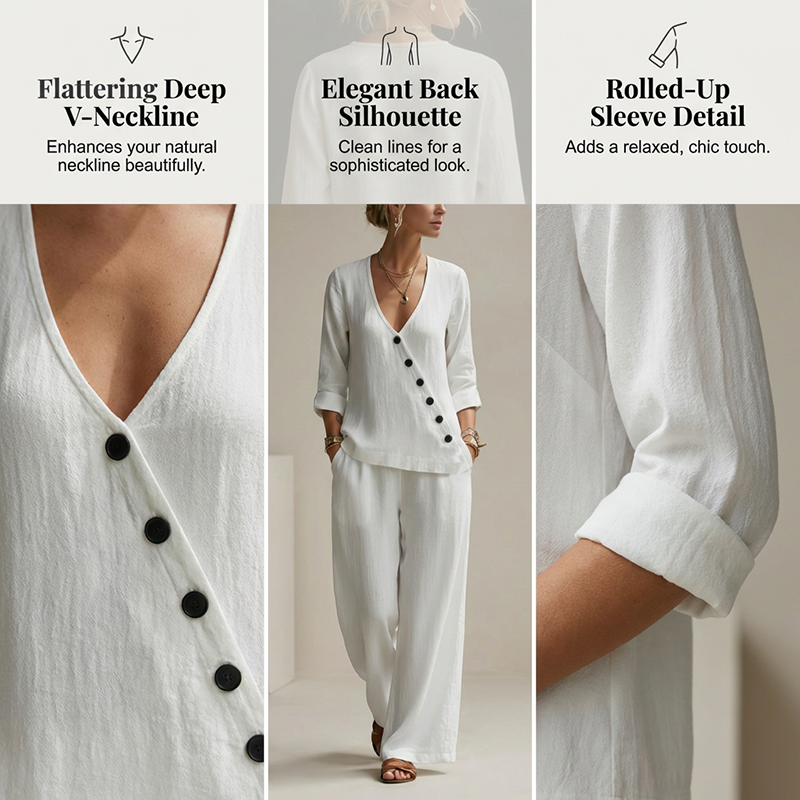 Women's V-Neck Asymmetrical Button Linen Two-Piece Set
