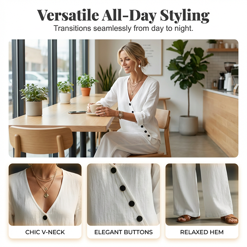 Women's V-Neck Asymmetrical Button Linen Two-Piece Set