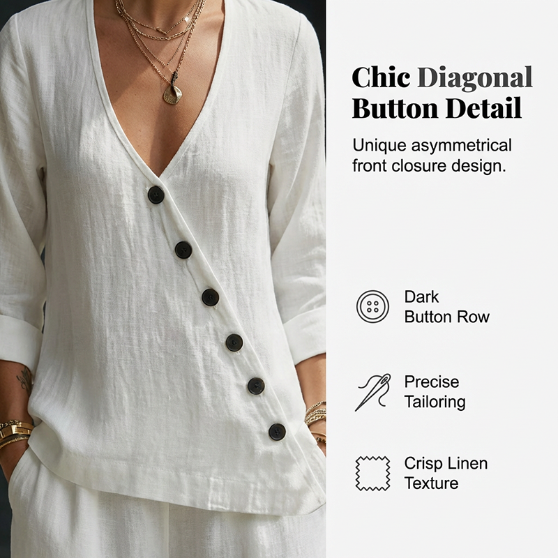 Women's V-Neck Asymmetrical Button Linen Two-Piece Set