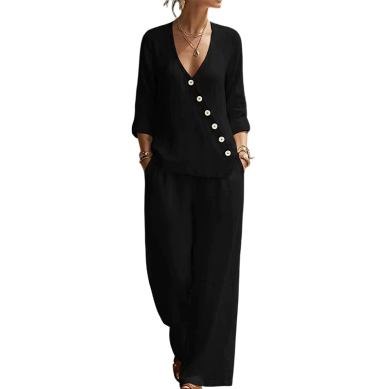 Women's V-Neck Asymmetrical Button Linen Two-Piece Set